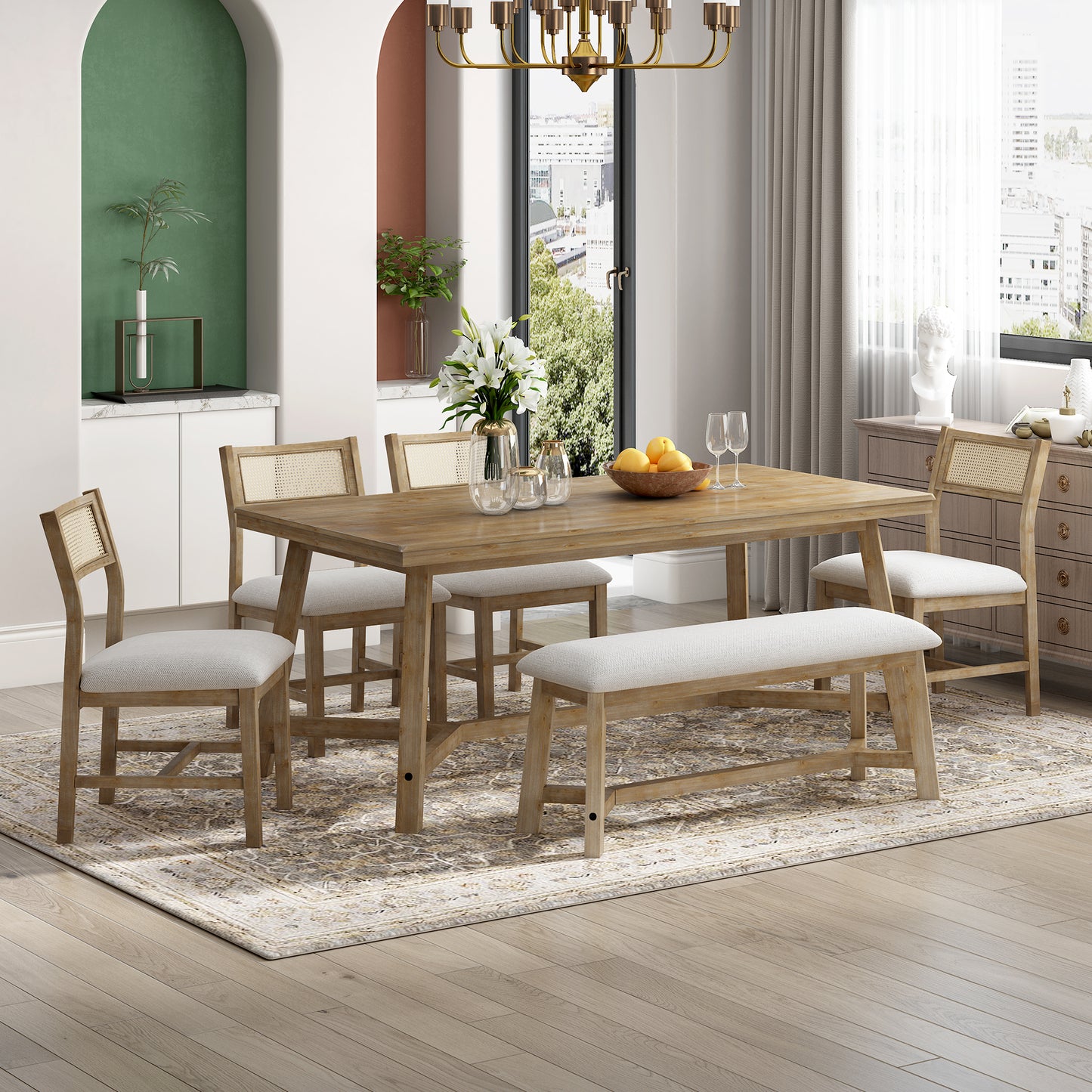 TREXM 6-piece Retro Farmhouse Style Dining Set, Rectangular Table and 4 Upholstered Chairs with Rattan and Bench for Dining Room and Kitchen (Natural Wood Wash)