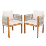 Acacia Wood Outdoor Dining Chairs 2-Pack with Mix White Rope Handles, Washable Waterproof Beige Cushions, 400 lbs Capacity