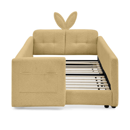 Yellow Boucle Twin Upholstered Platform Bed with Rabbit Ear Headboard, Safety Rail, and Storage Pocket