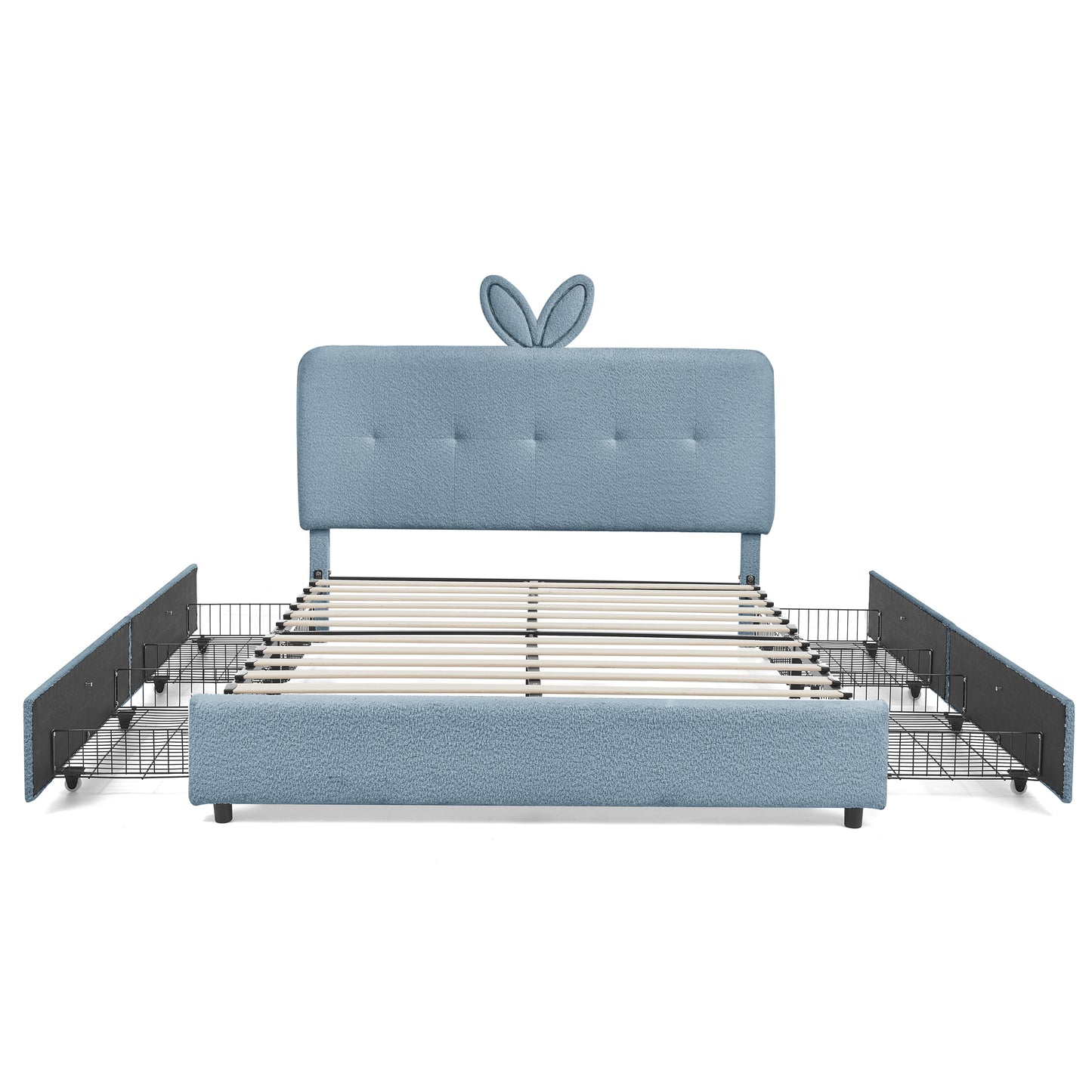 Kids Upholstered Bed with Rabbit Ear Headboard, LED Light & 4 Drawers in Navy Boucle Fabric, Full Size