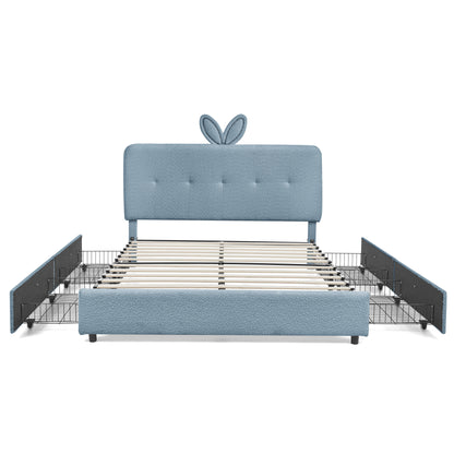 Kids Upholstered Bed with Rabbit Ear Headboard, LED Light & 4 Drawers in Navy Boucle Fabric, Full Size