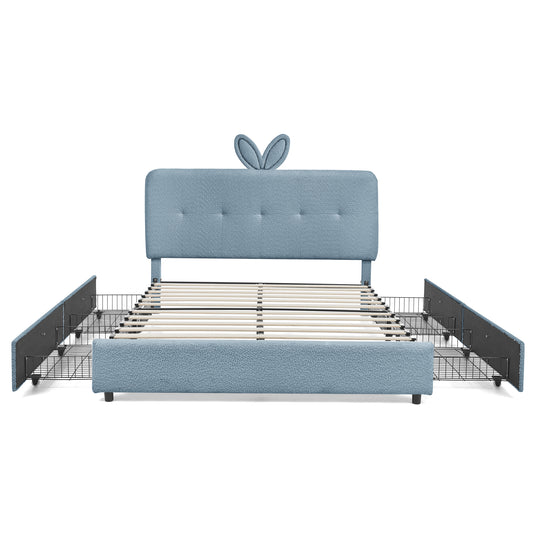 Kids Upholstered Bed with Rabbit Ear Headboard, LED Light & 4 Drawers in Navy Boucle Fabric, Full Size