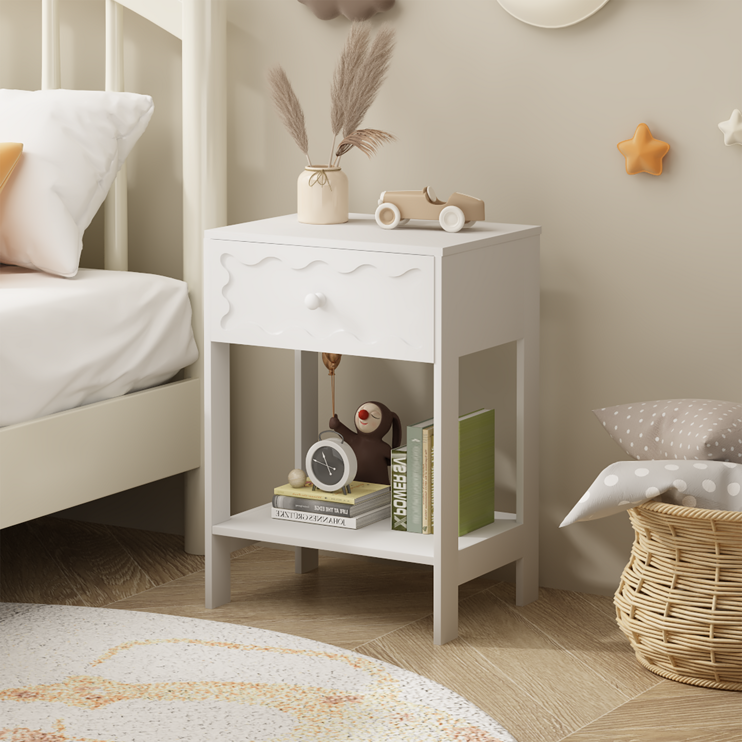 White Nightstand with Drawer and Open Shelf, Modern Wave Pattern Bedside Table, Solid Wood Frame End Table for Bedroom, Living Room, Small Spaces
