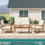 4 Piece Sofa Seating Group with Cushions, Outdoor Acacia Wood Patio Seating Group,Natural+Beige