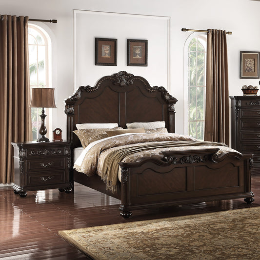 Majestic Formal Queen Size Bed 2x Nightstands Carved Details Antique Cherry 3pc Set Bedroom Furniture