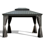 12' X 14' Hardtop Gazebo, Upgraded Metal Gazebo with Drainage System, Dual-Layer Galvanized Steel Roof, Curtain and Netting, Outdoor Shelter Canopy for Patio, Garden, and Backyard, Grey