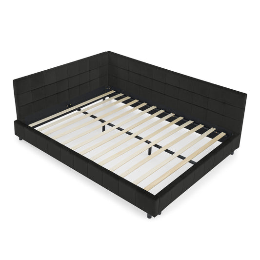 Mid-Century Velvet Queen Size Upholstered Tufted Bed Frame with Backrest and Armrests in Black