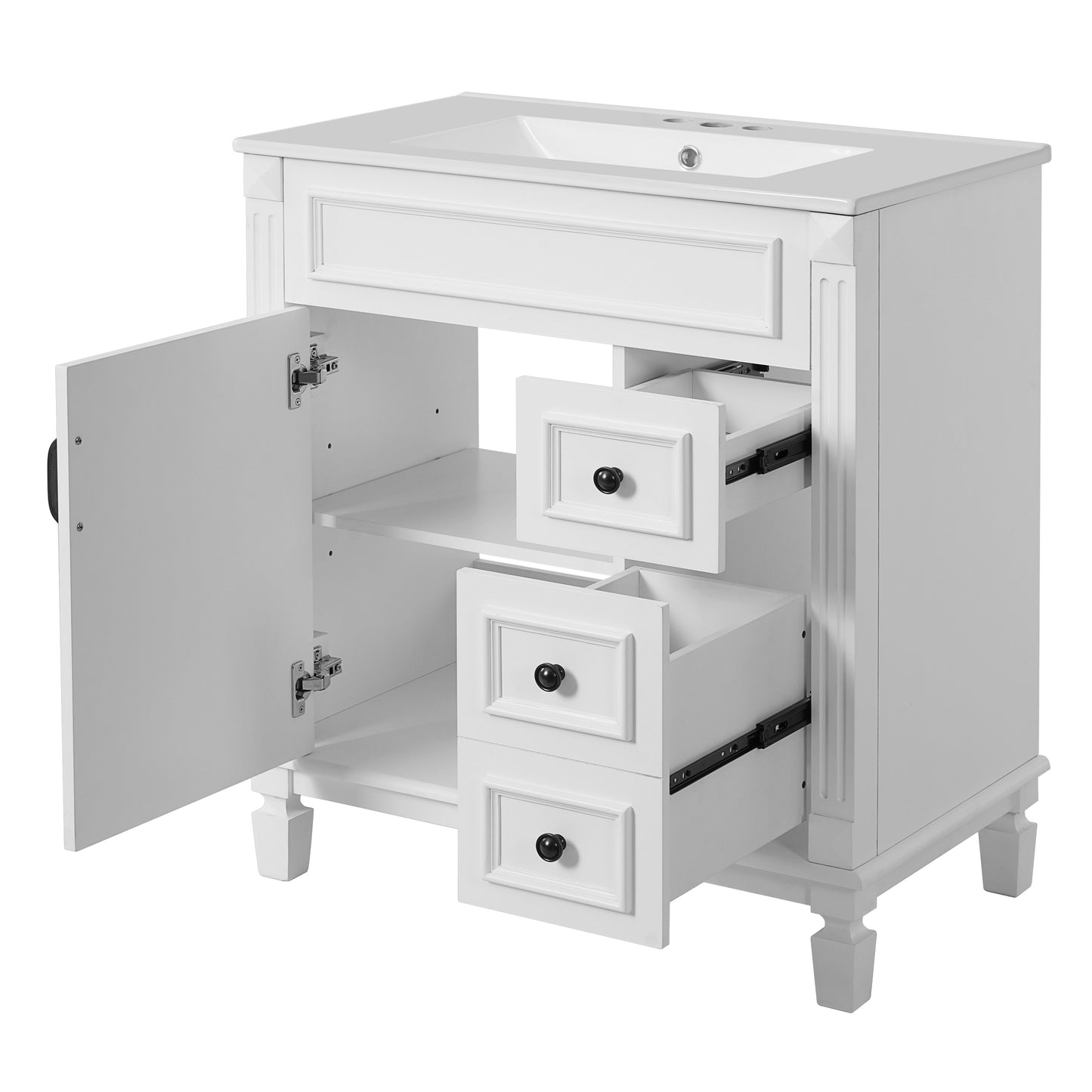 Modern White Bathroom Vanity with Ceramic Sink, 30' Cabinet with 2 Drawers and Adjustable Shelf, MDF+Solid Wood Construction