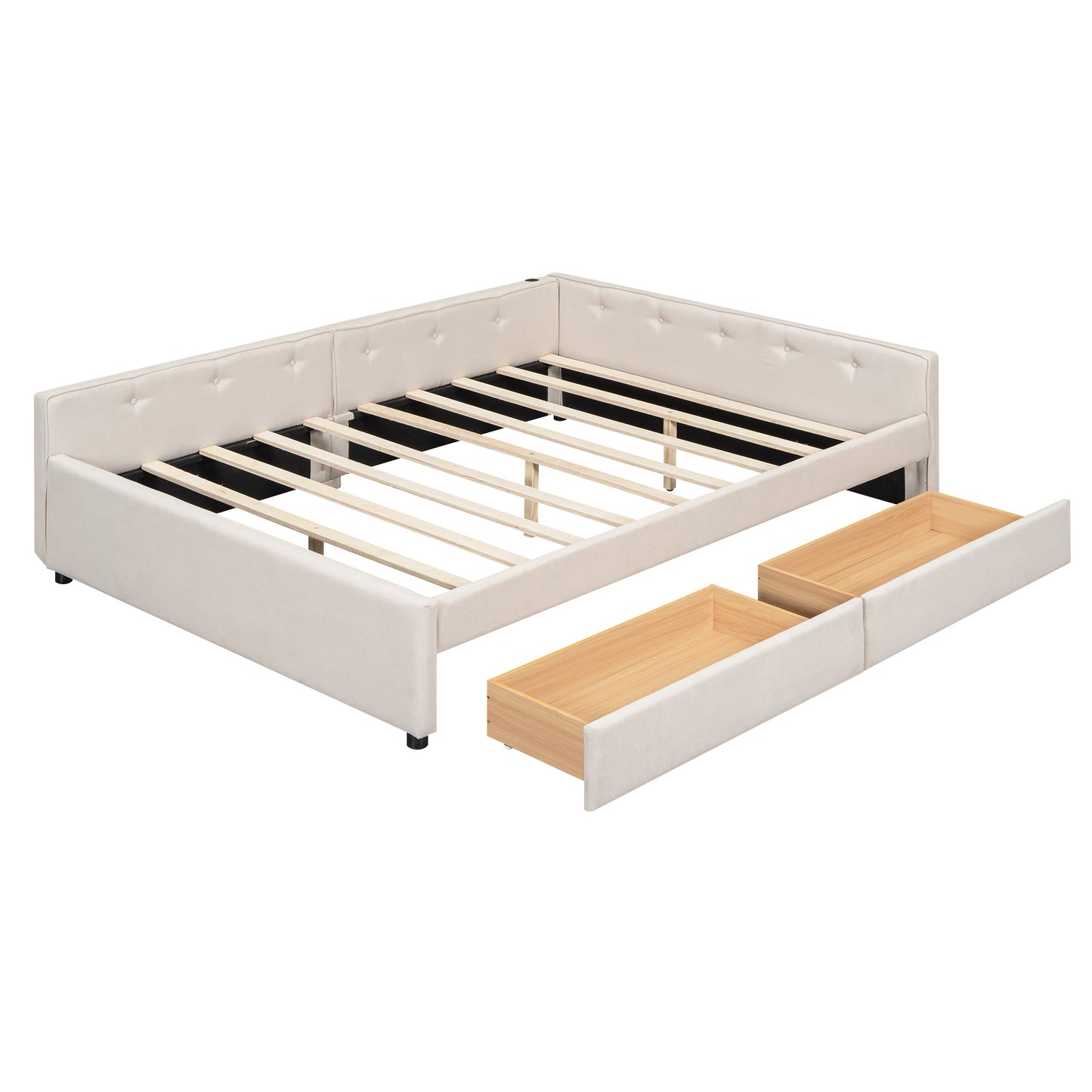 Modern Beige Upholstered Queen Size Platform Bed with USB Ports and 2 Storage Drawers