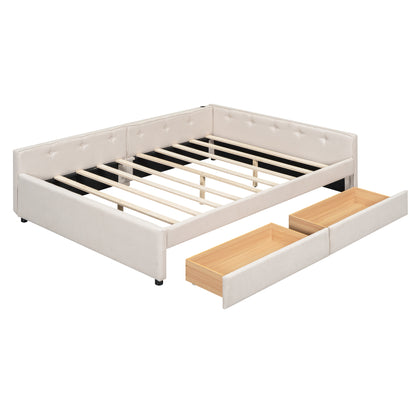 Modern Beige Upholstered Queen Size Platform Bed with USB Ports and 2 Storage Drawers