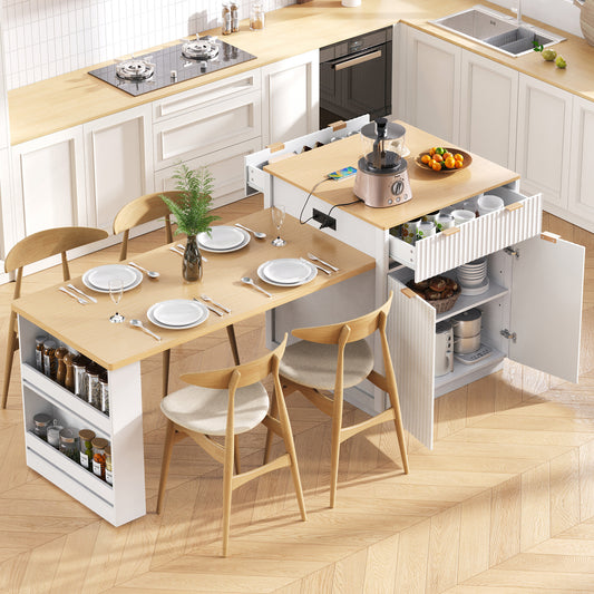 K&K 82.6' Fluted Kitchen Island with Extendable Dining Table for 4-6, Island Table for Kitchen with Power Outlet, Kitchen Table with Double-Side Storage, 2 Drawers 2 Side Open Shelves, White