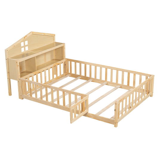 Natural Full-size Montessori Floor Bed with Bookcases and Blackboards, Solid Wood Platform Bed with Guard Rails and Storage Headboards