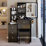 29.2' Small Size Left Bedside Cabinet Vanity Table + Cushioned Stool, 2 AC+2 USB Power Station, Hair dryer bracket, Extra Large Touch Control Sliding LED Mirror, Tri-color Switching, Brightness Adjust