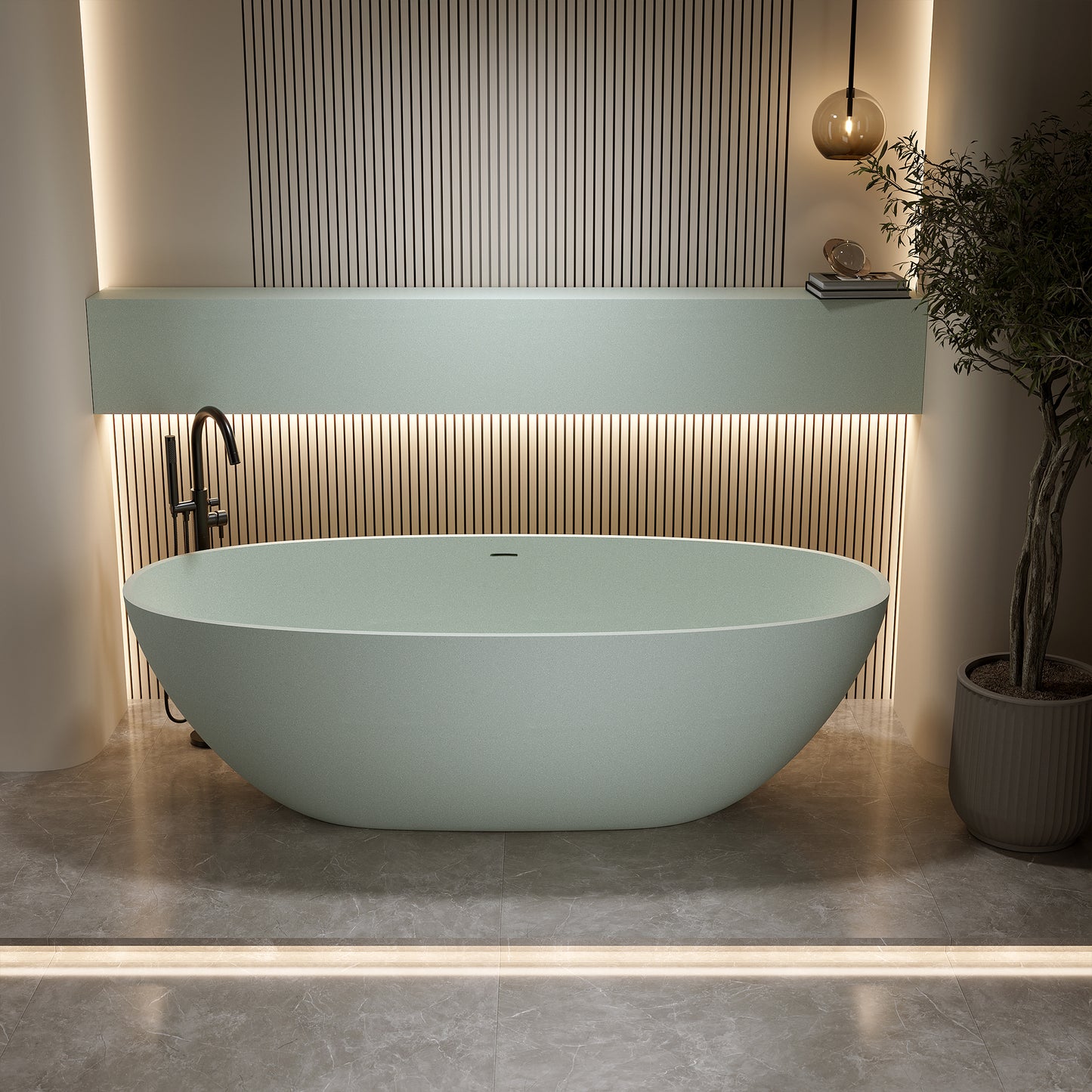 63'' Freestanding Bathtub Resin Stone Soaking Bathtub Solid Surface Modern Tubs with Overflow and Pop-up Drain