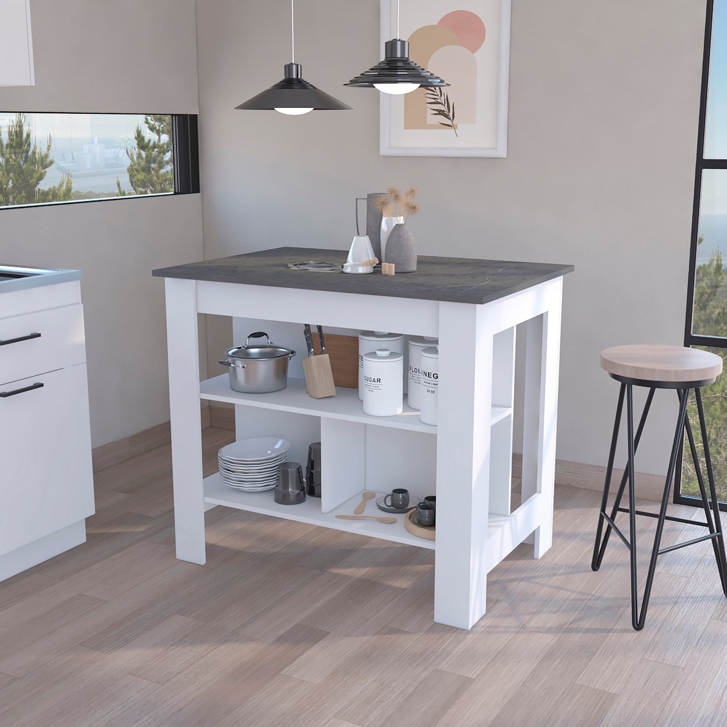 Brooklyn  Kitchen Island, Three Concealed Shelves