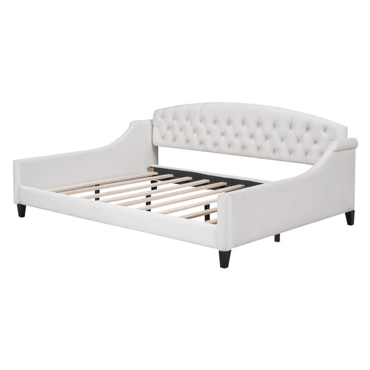 Modern Luxury Tufted Button Daybed, Full, Beige with Plywood Frame and Upholstered Foam Padding