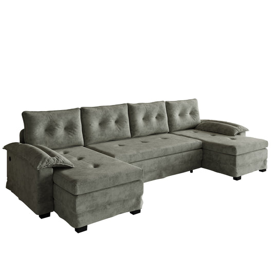 104.7' U-Shaped Sleeper Sofa with Pull Out Bed,2 in 1 Convertible Couch Bed with Removable Armrests & USB Ports,Oversized Sectional Modular with Chaise Lounge for Living Room/Apartment,Light Grey