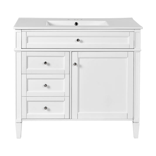 Modern White Bathroom Vanity with Ceramic Top Sink, 36'' Storage Cabinet with 2 Drawers and Tip-out Drawer, Rectangular Design