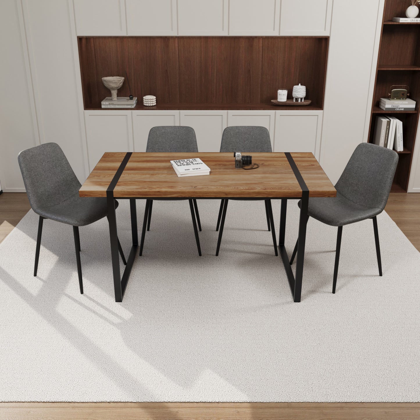 59' MDF natural wood dining table and modern dining chair 4-piece set, medieval wooden kitchen dining table set, rectangular metal base, dining table and suede chair