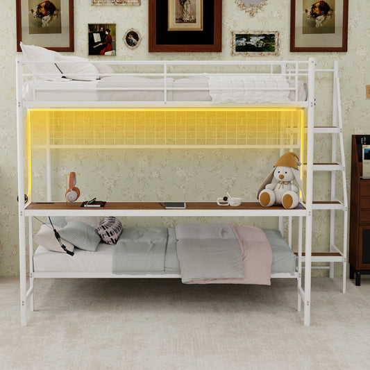 Full Over Twin Metal Bunk Bed with Built-In Desk and LED Lighting – Space-Saving Loft Design for Kids & Teens, Sturdy Frame, Easy Assembly, Perfect for Bedrooms and Dorms WHITE