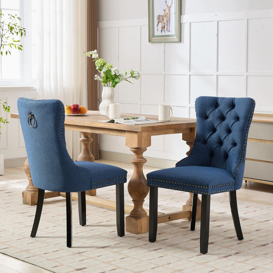 Nikki Collection Modern, High-end Tufted Solid Wood Contemporary Flax Upholstered Linen Dining Chair with Wood Legs Nailhead Trim 2-Pcs Set,Blue Linen, SW6801BL