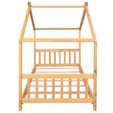 Twin Size House Platform Bed with Headboard and Footboard, Roof Design, Natural Pine Wood and MDF, 81.2''L x 41.2''W x 61.6''H