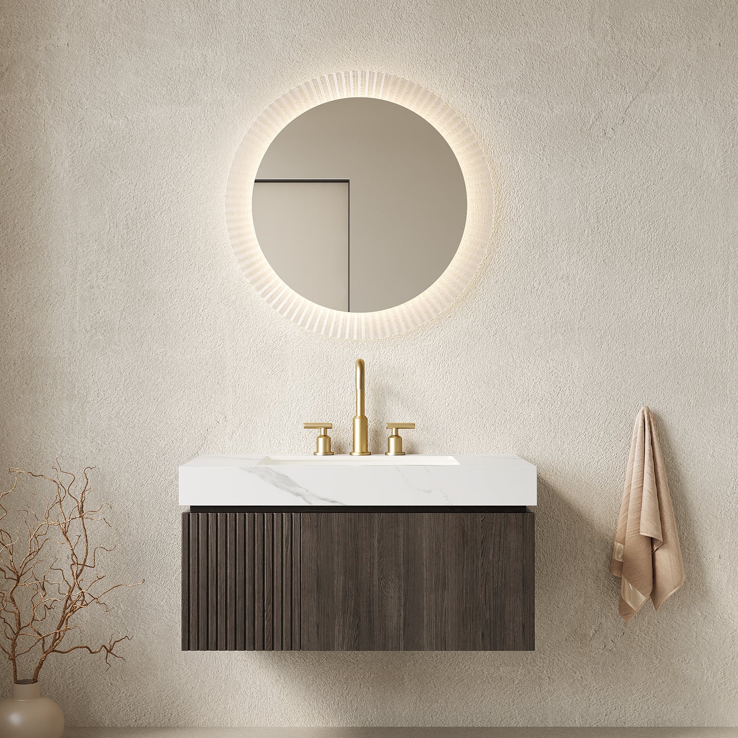 MURI 36' Bathroom Vanity&Sink, Floating Plywood Storage Cabinet with Drawer&Door, Carrara White Sintered Stone Top&Ceramic Basin with 3 Pre-drilled Faucet Holes, Pre-assembled, Espresso Woodgrain