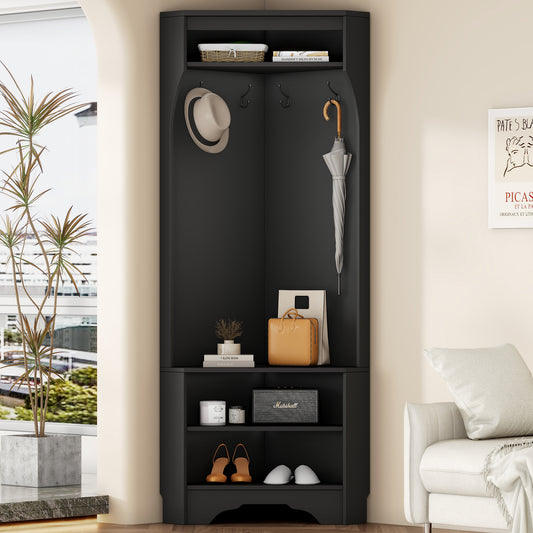 Minimalist Corner Hall Tree with Shoe Bench, Versatile Entryway Coat Rack with 4 Hooks, Corner Cabinet with Adjustable Shelf for Hallway, Living Room, Black, 29.5''W*71.6''H (OLD SKU: N721P189665B)