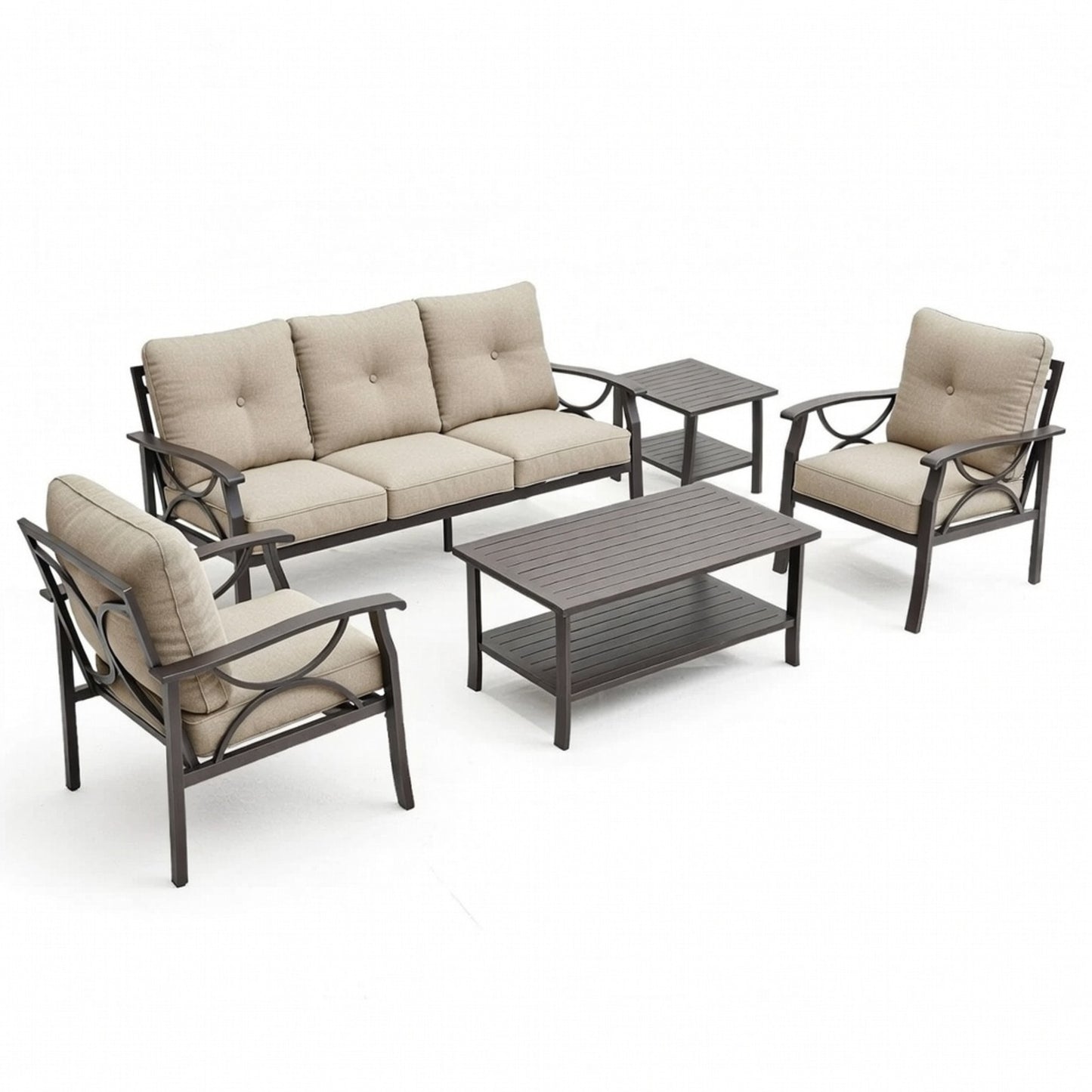 5-Piece Metal Patio Furniture Set with Beige Cushions, Khaki Powder-Coated Steel Frame, Coffee Table & End Table for Backyard Garden