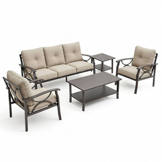 5-Piece Metal Patio Furniture Set with Beige Cushions, Khaki Powder-Coated Steel Frame, Coffee Table & End Table for Backyard Garden
