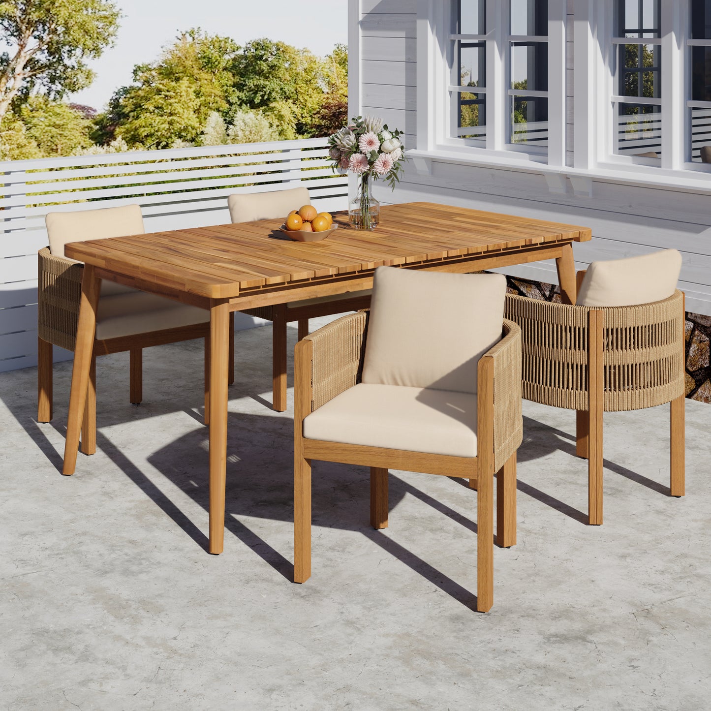Outdoor Dining Set with Acacia Wood Table and 4 Chairs, Washable Waterproof Cushions, Slatted Tabletop for Patio Garden, Beige