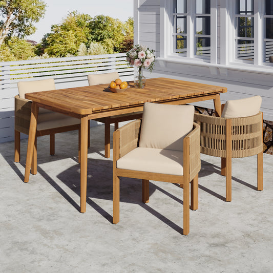 Outdoor Dining Set with Acacia Wood Table and 4 Chairs, Washable Waterproof Cushions, Slatted Tabletop for Patio Garden, Beige