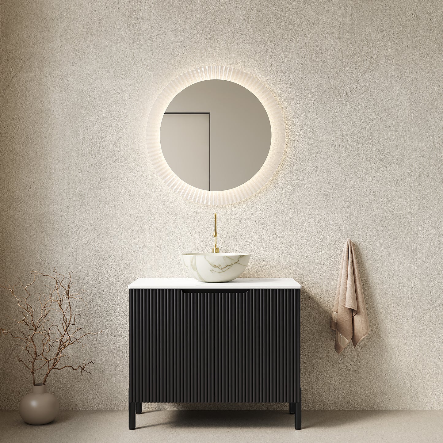 TURIO 30' Bathroom Vanity with Sink, Freestanding Bathroom Storage Cabinet with 2 Doors, White Bowl Ceramic Basin with Stone Pattern and Carrara White Sintered Stone Countertop, No Faucet, Black Color