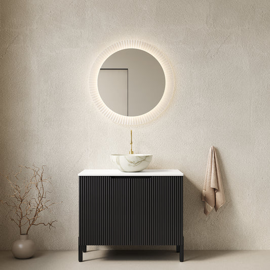 TURIO 30' Bathroom Vanity with Sink, Freestanding Bathroom Storage Cabinet with 2 Doors, White Bowl Ceramic Basin with Stone Pattern and Carrara White Sintered Stone Countertop, No Faucet, Black Color
