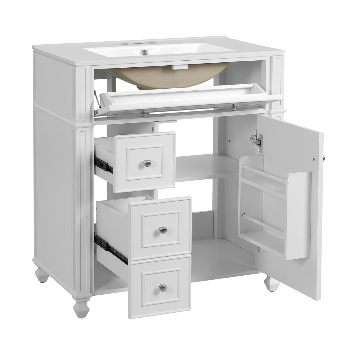 French-Inspired Bathroom Vanity Cabinet with Ceramic Sink, 30 Inch, White Storage Cabinet with Soft Close Doors with Door Organizer, MDF+Solid Wood Frame, Ceramic Basin