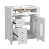 French-Inspired Bathroom Vanity Cabinet with Ceramic Sink, 30 Inch, White Storage Cabinet with Soft Close Doors with Door Organizer, MDF+Solid Wood Frame, Ceramic Basin