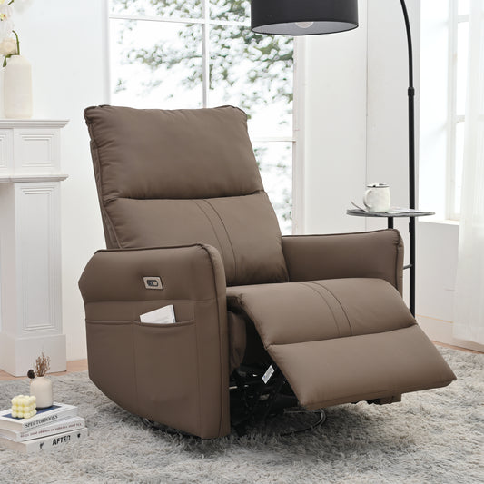 270° Power Swivel Rocker Recliner Chair, Electric Glider Reclining Sofa with USB Ports, PU Faux Leather Power Swivel Glider, Rocking Chair,Nursery Recliners for Living Room Bedroom(Brown+270° Swivel)