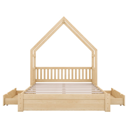 Wood Queen Size House Platform Bed with Guardrail and 2 Drawers in Natural Finish, Pine Wood and MDF
