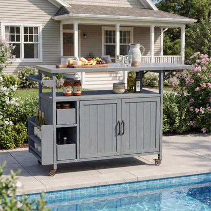54.33' Farmhouse Rolling Outdoor Kitchen Cart, Solid Wood Frame with Stainless Steel Top, Spice Rack, Towel Rack, Lockable Wheels & Multi-Functional Storage for Patio, Backyard BBQ & Kitchen