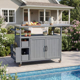 54.33' Farmhouse Rolling Outdoor Kitchen Cart, Solid Wood Frame with Stainless Steel Top, Spice Rack, Towel Rack, Lockable Wheels & Multi-Functional Storage for Patio, Backyard BBQ & Kitchen