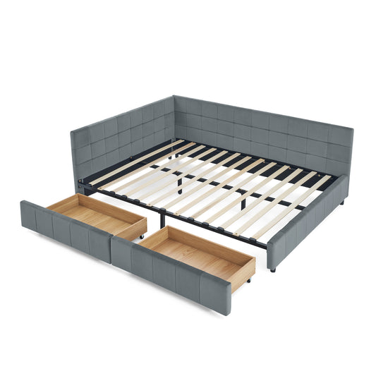 Mid-Century Velvet Queen Size Upholstered Tufted Bed Frame with Storage, Grey