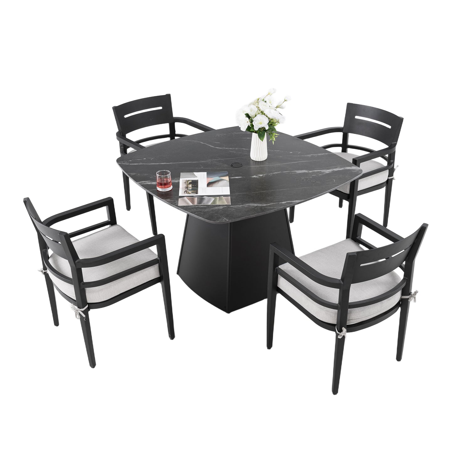 5-Piece Outdoor Pedestal Dining Set, 44' Rounded Square Sintered Stone Table with Flared Base and 4 Armchairs, Sunbrella Cushions, Rust-Free Aluminum, Weather-Resistant, for Patio or Deck