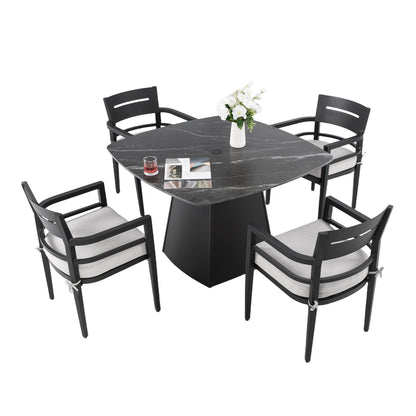5-Piece Outdoor Pedestal Dining Set, 44' Rounded Square Sintered Stone Table with Flared Base and 4 Armchairs, Sunbrella Cushions, Rust-Free Aluminum, Weather-Resistant, for Patio or Deck