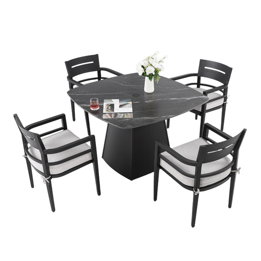5-Piece Outdoor Pedestal Dining Set, 44' Rounded Square Sintered Stone Table with Flared Base and 4 Armchairs, Sunbrella Cushions, Rust-Free Aluminum, Weather-Resistant, for Patio or Deck