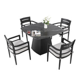 5-Piece Outdoor Pedestal Dining Set, 44' Rounded Square Sintered Stone Table with Flared Base and 4 Armchairs, Sunbrella Cushions, Rust-Free Aluminum, Weather-Resistant, for Patio or Deck