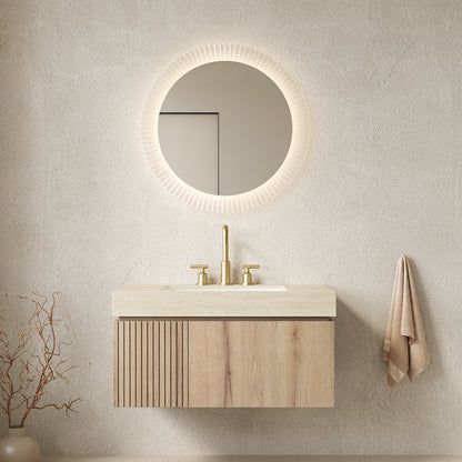MURI 36' Bathroom Vanity&Sink, Floating Plywood Storage Cabinet with Drawer&Door, Roma Travertine Sintered Stone Top&Ceramic Basin with 3 Pre-drilled Faucet Holes, Pre-assembled, White Oak Woodgrain