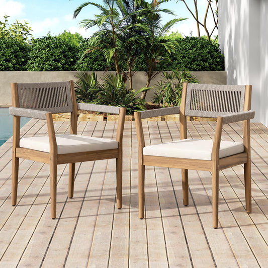 Braided Acacia Wood Outdoor Dining Chairs Set of 2 – Teak Look with Beige Rope & Cream Cushions, Armrests – All-Weather Patio Furniture for Garden, Poolside, and Backyard (Durable & Stylish)