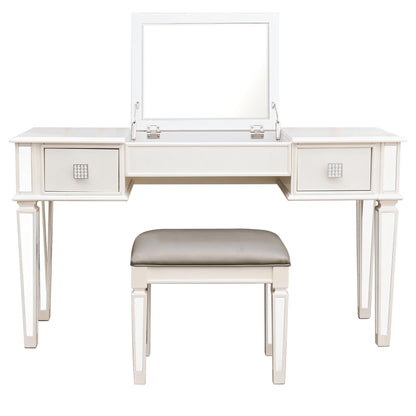 Elegant Mirrored Vanity Desk Set with Drawers and Flip-Up Mirror, Silver Finish, Glass and Wood, 54'' x 18'' x 30''