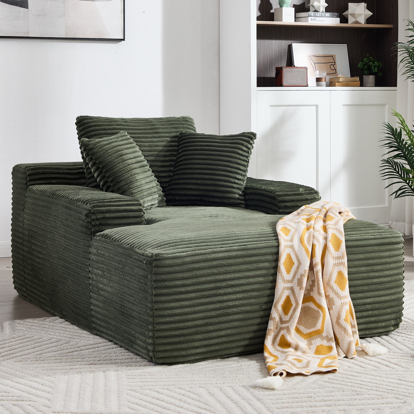 67' Chaise Lounge Chair 9.9'' Wide Armrest Indoor Corduroy Oversized Sleeper Sofa for Living Room Deep Seat Lounge and Three Soft Pillows Convertible Boneless Sofa Bed, Green, No Assembly Required