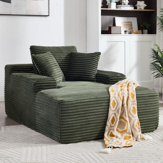 67' Chaise Lounge Chair 9.9'' Wide Armrest Indoor Corduroy Oversized Sleeper Sofa for Living Room Deep Seat Lounge and Three Soft Pillows Convertible Boneless Sofa Bed, Green, No Assembly Required